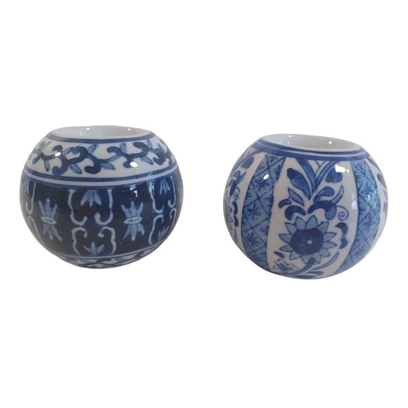 Vtg Set of 2 Round Delft Blue 3" Candle Holders Porcelain Oriental Hand Painted - Picture 3 of 5
